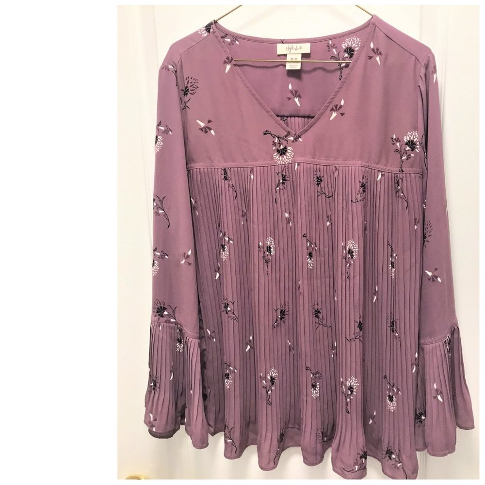 Style & Co Puple Pleated Tunic Bell Sleeves V Neck Size M